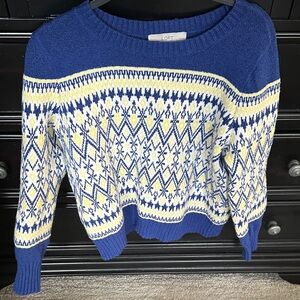 LOFT Women's Sweater in Blue and Yellow Pattern